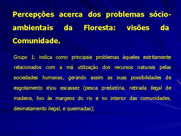 Percepções acerca dos problemas sócioambientais da Floresta: visões da Comunidade. Grupo 1: indica como