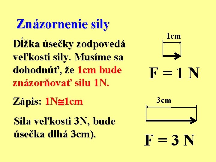 Znázornenie sily Dĺžka úsečky zodpovedá veľkosti sily. Musíme sa dohodnúť, že 1 cm bude