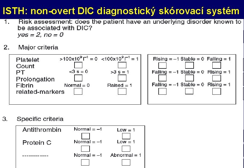 ISTH: non-overt DIC diagnostický skórovací systém 