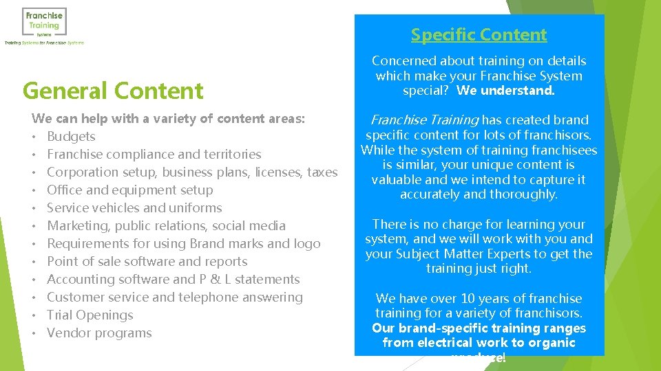 Specific Content General Content We can help with a variety of content areas: •