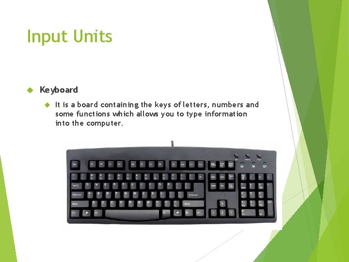 Input Units Keyboard It is a board containing the keys of letters, numbers and