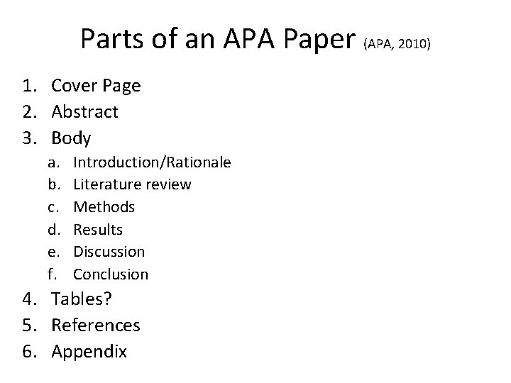 Parts of an APA Paper (APA, 2010) 1. Cover Page 2. Abstract 3. Body