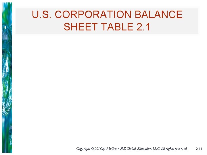 U. S. CORPORATION BALANCE SHEET TABLE 2. 1 Copyright © 2016 by Mc. Graw-Hill