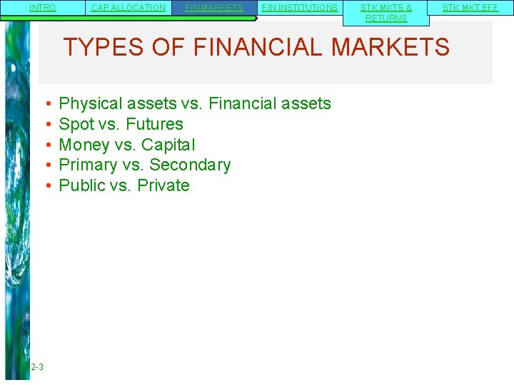 INTRO CAP ALLOCATION FIN MARKETS FIN INSTITUTIONS STK MKTS & RETURNS STK MKT EFF