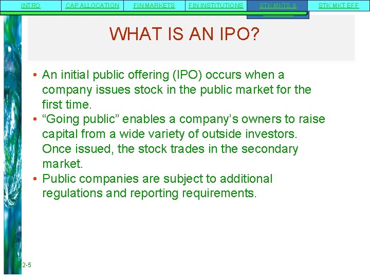 INTRO CAP ALLOCATION FIN MARKETS FIN INSTITUTIONS STK MKTS & RETURNS STK MKT EFF