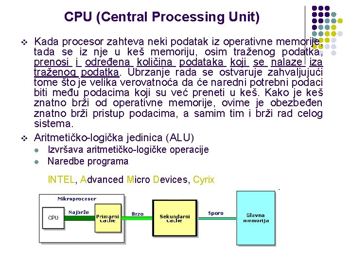 CPU (Central Processing Unit) v v Kada procesor zahteva neki podatak iz operativne memorije,