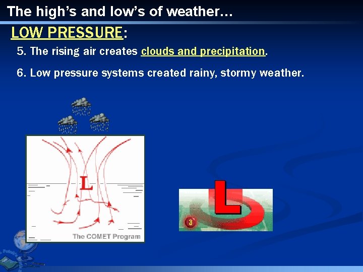 The high’s and low’s of weather… LOW PRESSURE: 5. The rising air creates clouds