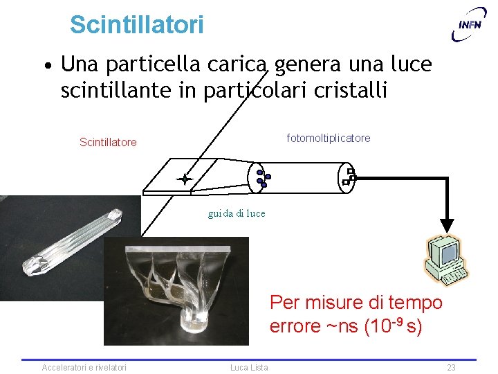 Scintillatori • Una particella carica genera una luce scintillante in particolari cristalli fotomoltiplicatore Scintillatore