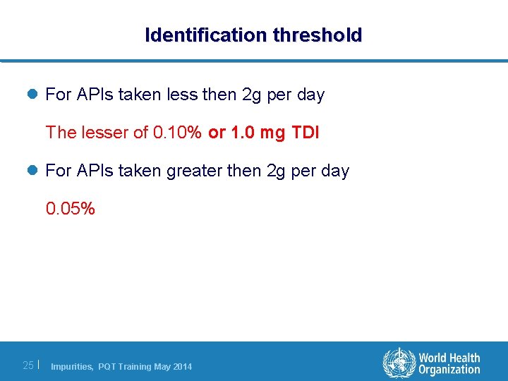 Identification threshold l For APIs taken less then 2 g per day The lesser Identification threshold l For APIs taken less then 2 g per day The lesser