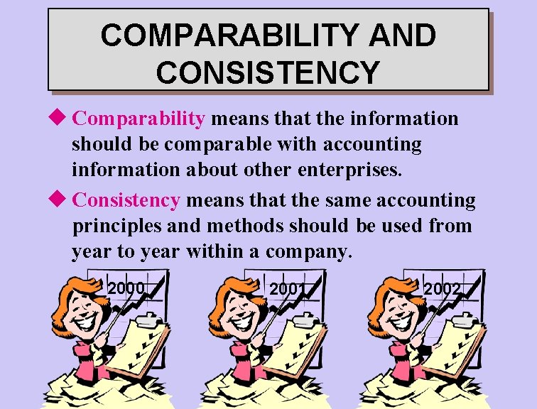 COMPARABILITY AND CONSISTENCY u Comparability means that the information should be comparable with accounting