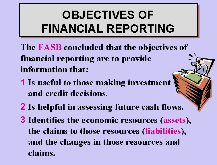 OBJECTIVES OF FINANCIAL REPORTING The FASB concluded that the objectives of financial reporting are