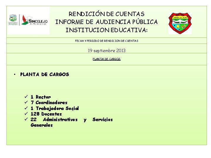 RENDICIÓN DE CUENTAS INFORME DE AUDIENCIA PÚBLICA INSTITUCION EDUCATIVA: FECHA Y PERIODO DE RENDICION