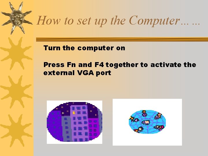 How to set up the Computer…… Turn the computer on Press Fn and F