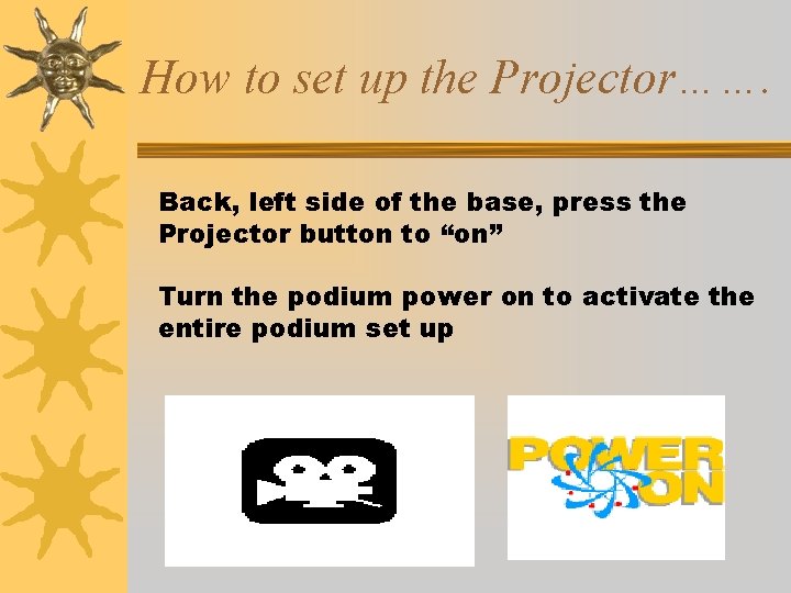 How to set up the Projector……. Back, left side of the base, press the