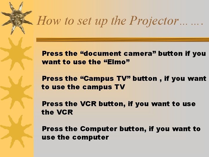 How to set up the Projector……. Press the “document camera” button if you want