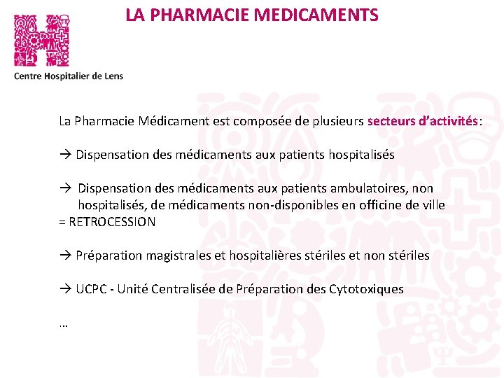 LA PHARMACIE MEDICAMENTS La Pharmacie Médicament est composée de plusieurs secteurs d’activités: Dispensation des