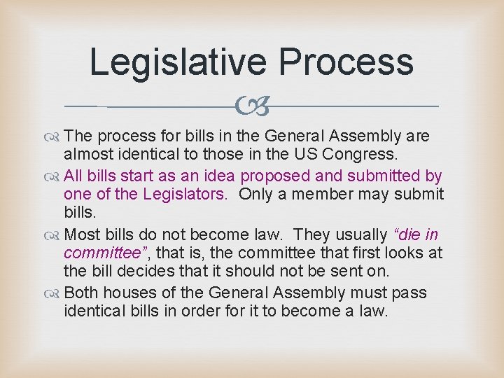 Legislative Process The process for bills in the General Assembly are almost identical to