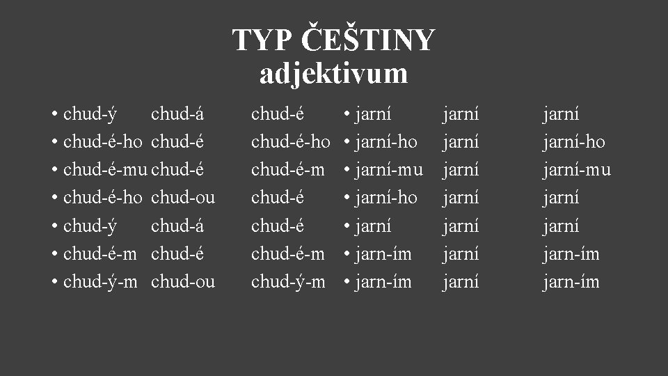 TYP ČEŠTINY adjektivum • chud-ý chud-á • chud-é-ho chud-é • chud-é-mu chud-é • chud-é-ho