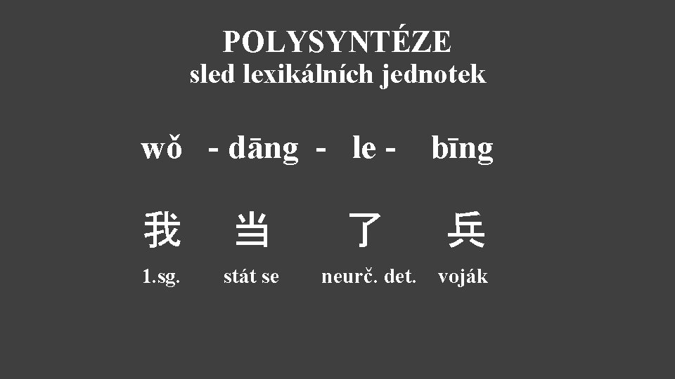 POLYSYNTÉZE sled lexikálních jednotek wǒ - dāng - le - bīng 我 当 了