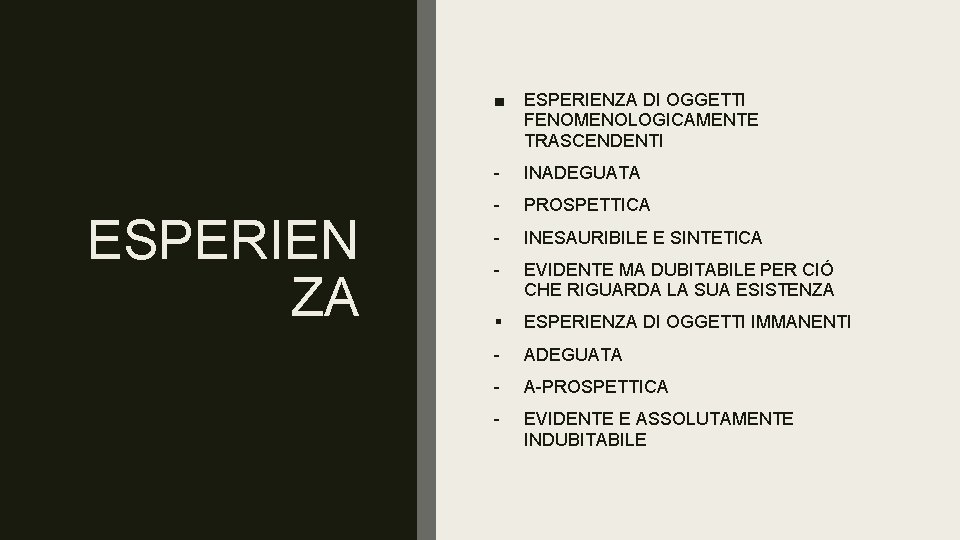 ESPERIEN ZA ■ ESPERIENZA DI OGGETTI FENOMENOLOGICAMENTE TRASCENDENTI - INADEGUATA - PROSPETTICA - INESAURIBILE