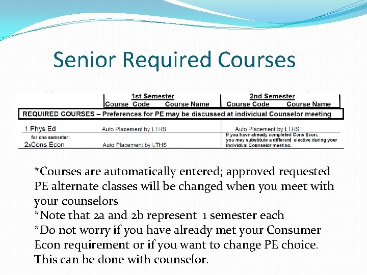 Senior Required Courses *Courses are automatically entered; approved requested PE alternate classes will be
