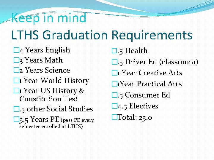 Keep in mind LTHS Graduation Requirements � 4 Years English � 3 Years Math