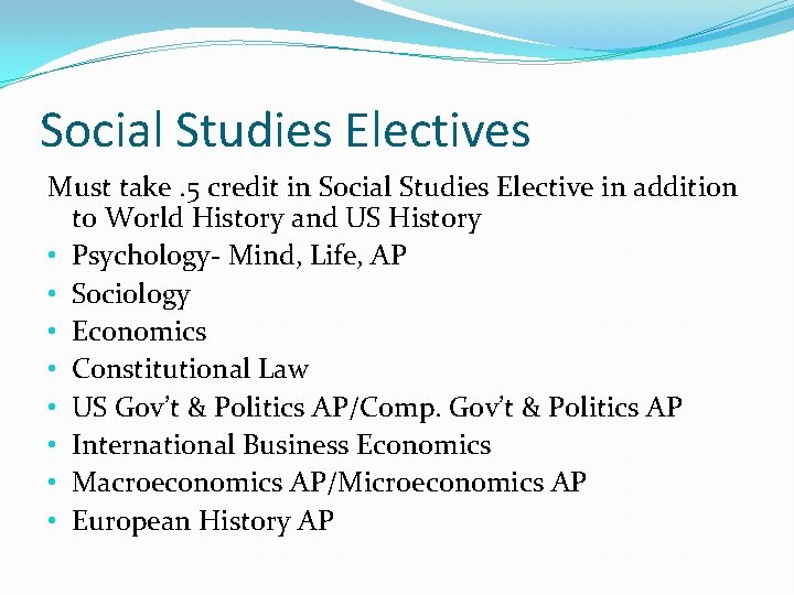 Social Studies Electives Must take. 5 credit in Social Studies Elective in addition to