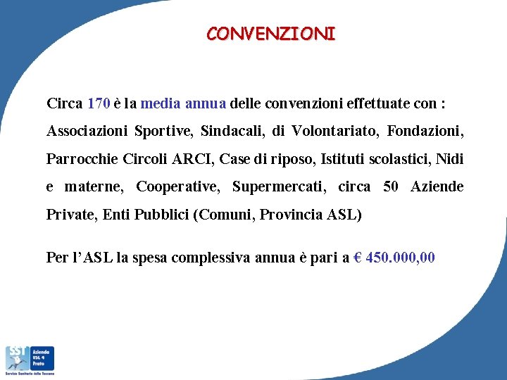 CONVENZIONI Circa 170 è la media annua delle convenzioni effettuate con : Associazioni Sportive,