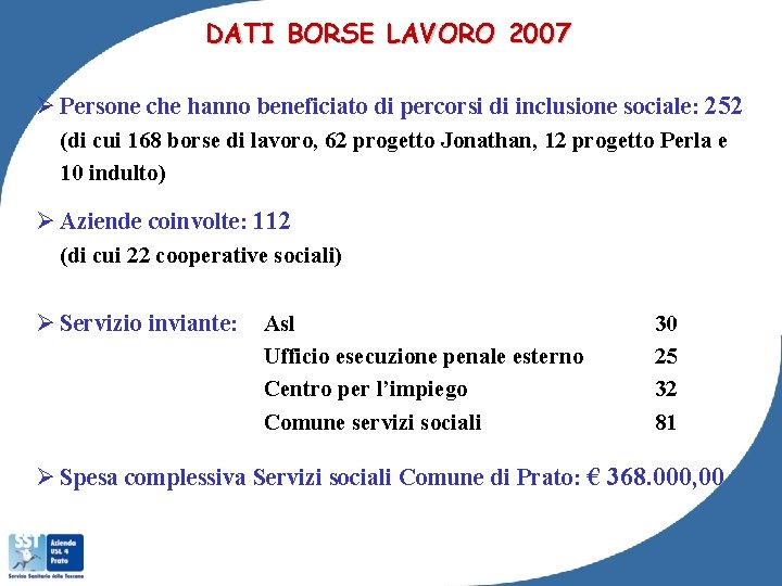 DATI BORSE LAVORO 2007 Ø Persone che hanno beneficiato di percorsi di inclusione sociale: