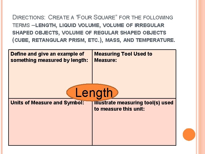 DIRECTIONS: CREATE A “FOUR SQUARE” FOR THE FOLLOWING TERMS – LENGTH, LIQUID VOLUME, VOLUME