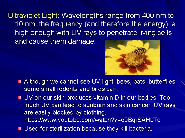 Ultraviolet Light: Wavelengths range from 400 nm to 10 nm; the frequency (and therefore