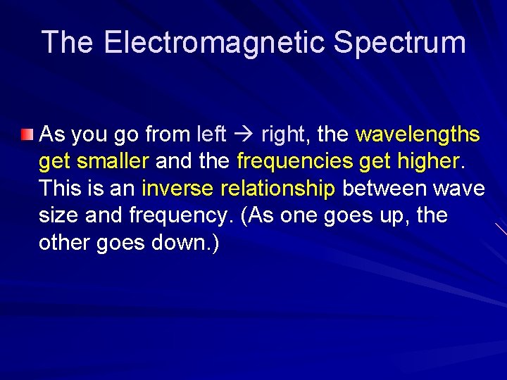 The Electromagnetic Spectrum As you go from left right, the wavelengths get smaller and