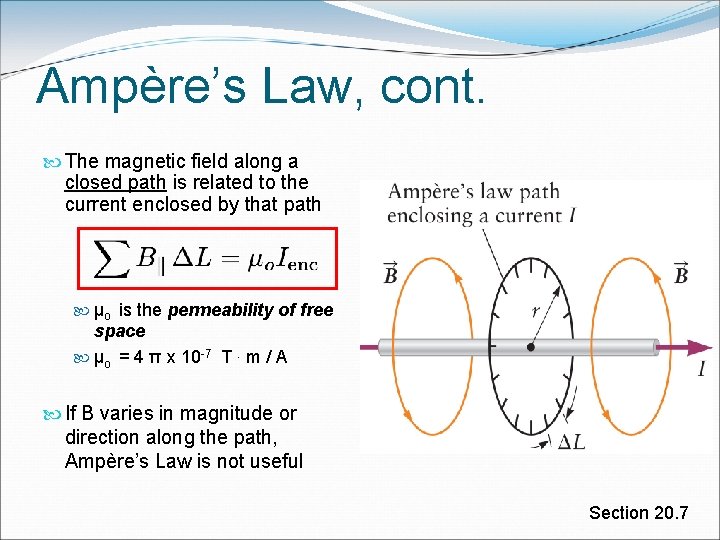 Ampère’s Law, cont. The magnetic field along a closed path is related to the