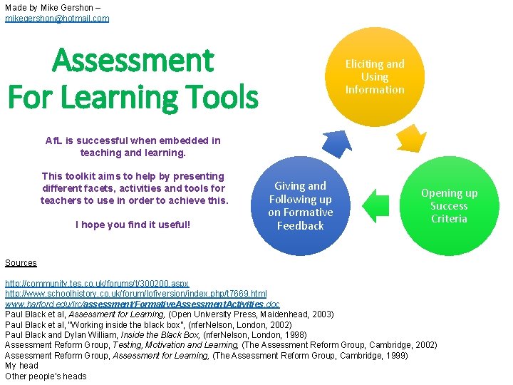 Made by Mike Gershon – mikegershon@hotmail. com Assessment For Learning Tools Eliciting and Using