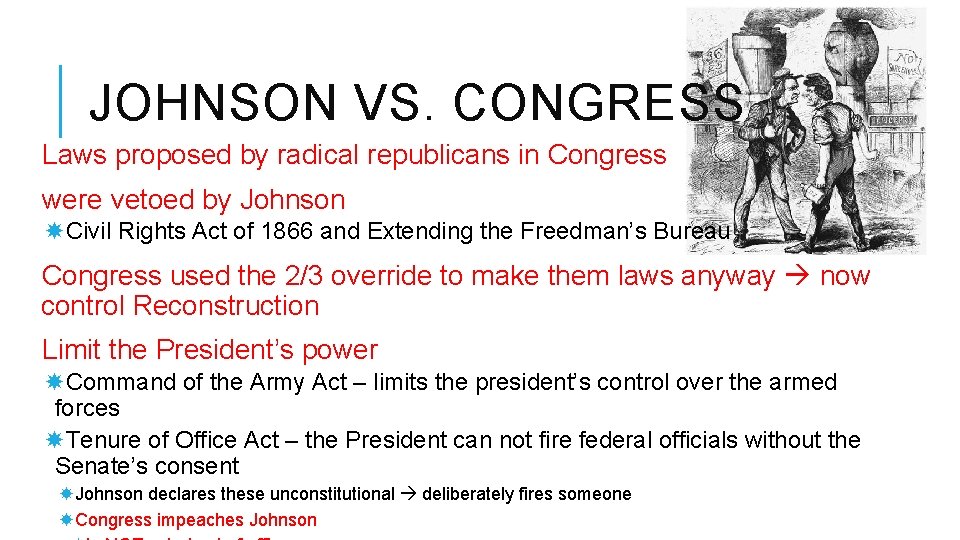 JOHNSON VS. CONGRESS Laws proposed by radical republicans in Congress were vetoed by Johnson