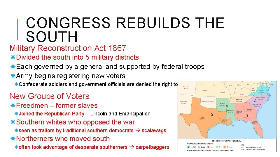 CONGRESS REBUILDS THE SOUTH Military Reconstruction Act 1867 Divided the south into 5 military