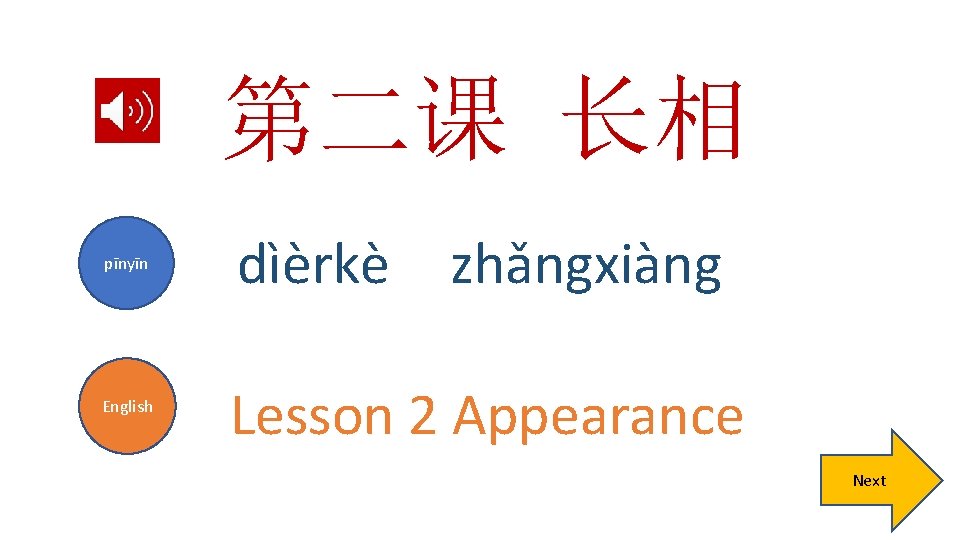 第二课 长相 pīnyīn English dìèrkè zhǎngxiàng Lesson 2 Appearance Next 