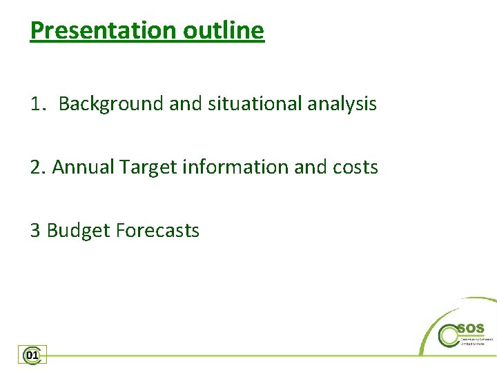 Presentation outline 1. Background and situational analysis 2. Annual Target information and costs 3