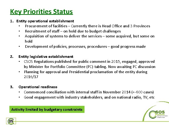 Key Priorities Status 1. Entity operational establishment • Procurement of facilities – Currently there