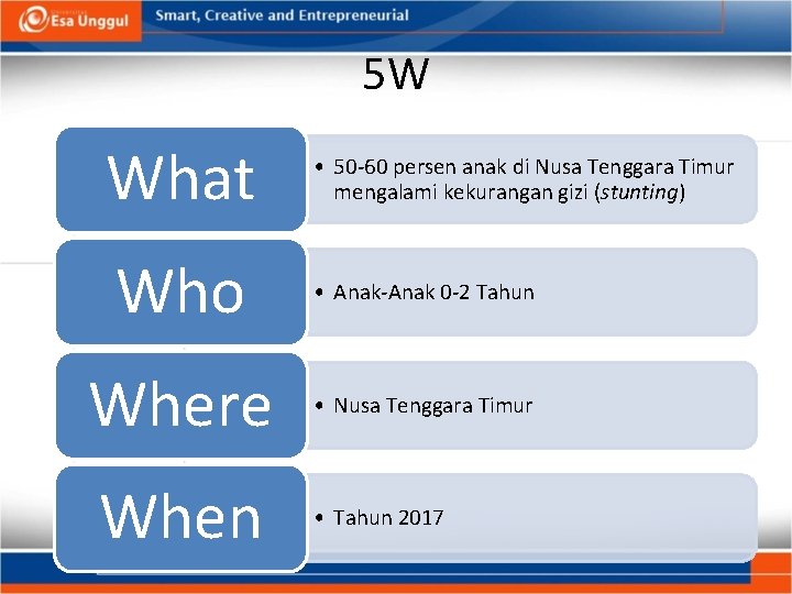 5 W What • 50 -60 persen anak di Nusa Tenggara Timur mengalami kekurangan