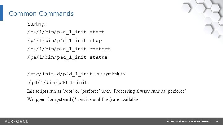 Common Commands Starting: /p 4/1/bin/p 4 d_1_init start /p 4/1/bin/p 4 d_1_init stop /p