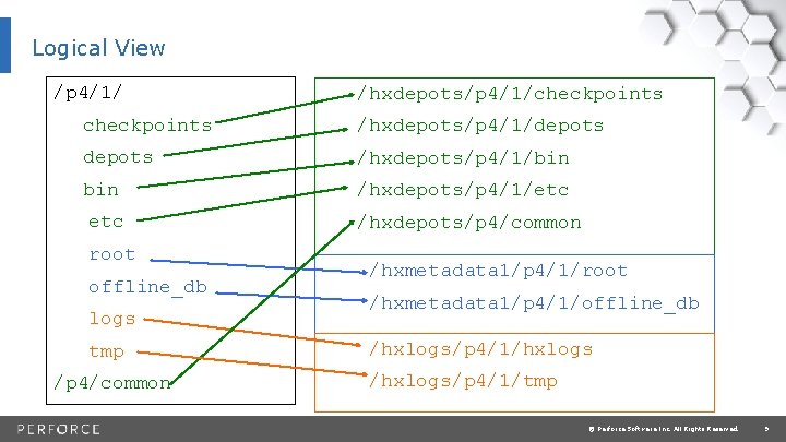 Logical View /p 4/1/ /hxdepots/p 4/1/checkpoints /hxdepots/p 4/1/depots /hxdepots/p 4/1/bin /hxdepots/p 4/1/etc root offline_db