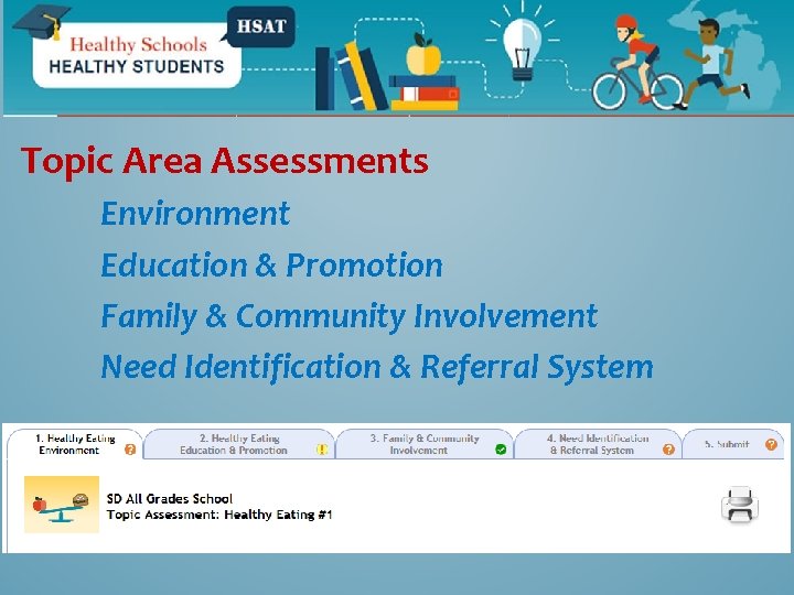 Topic Area Assessments Environment Education & Promotion Family & Community Involvement Need Identification &