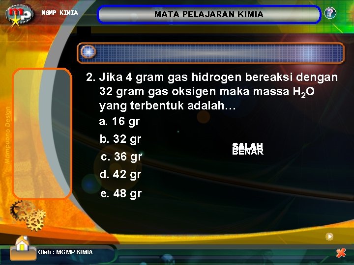 MATA PELAJARAN KIMIA MGMP KIMIA ? 2. Jika 4 gram gas hidrogen bereaksi dengan