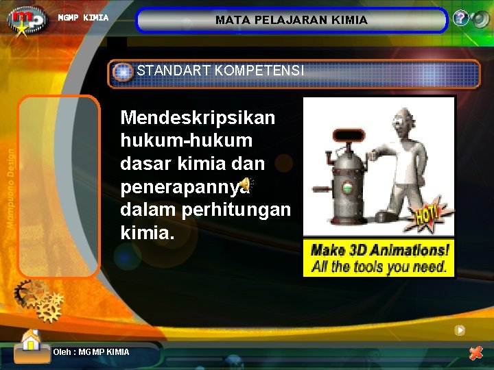 MATA PELAJARAN KIMIA MGMP KIMIA STANDART KOMPETENSI Mendeskripsikan hukum-hukum dasar kimia dan penerapannya dalam