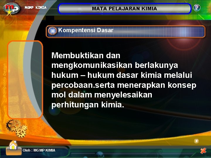 MATA PELAJARAN KIMIA MGMP KIMIA ? Kompentensi Dasar Membuktikan dan mengkomunikasikan berlakunya hukum –