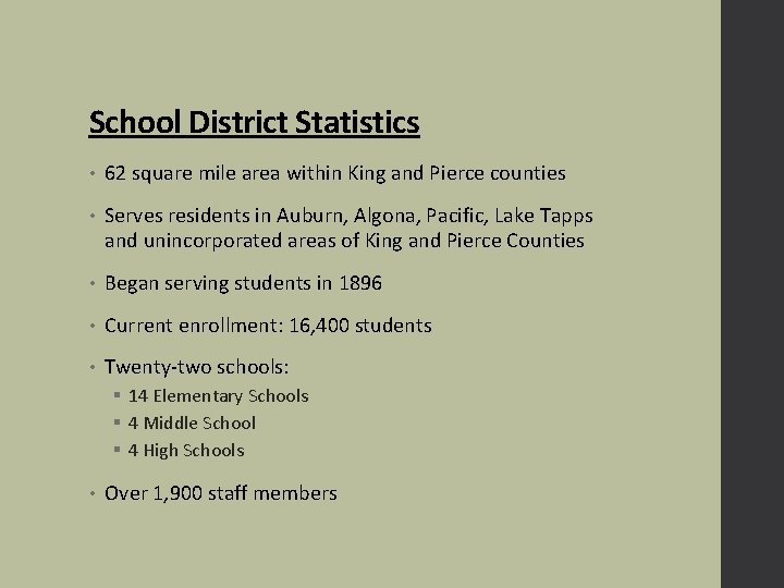 School District Statistics • 62 square mile area within King and Pierce counties •
