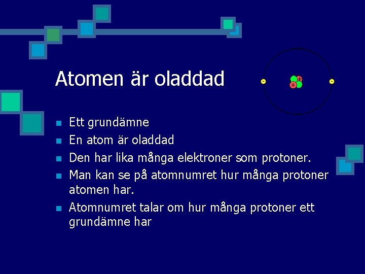 Atomen är oladdad n n n Ett grundämne En atom är oladdad Den har Atomen är oladdad n n n Ett grundämne En atom är oladdad Den har