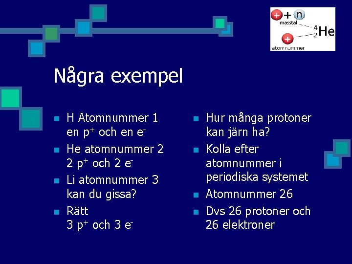 Några exempel n n H Atomnummer 1 en p+ och en e. He atomnummer Några exempel n n H Atomnummer 1 en p+ och en e. He atomnummer