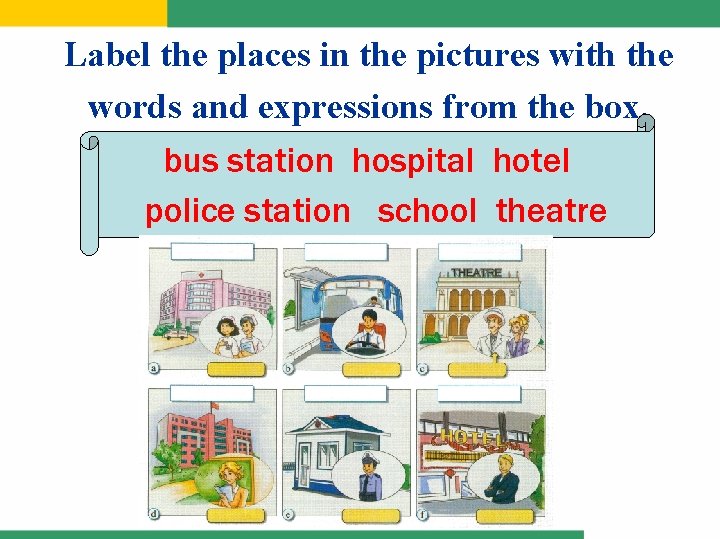 Label the places in the pictures with the words and expressions from the box.